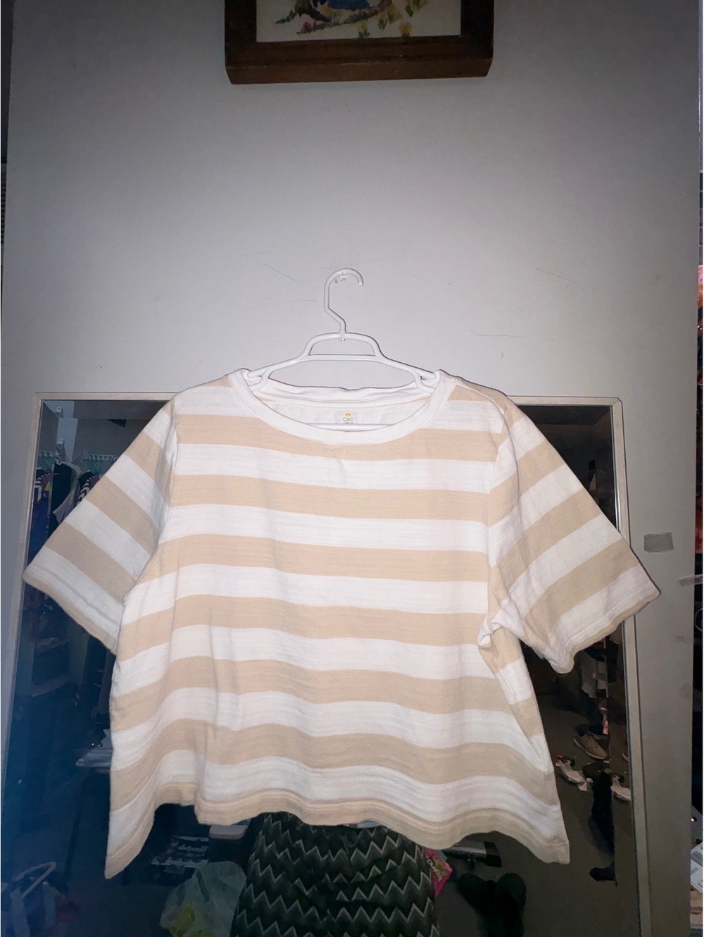 C&C California Beige and White Striped Cotton Short Sleeve Top XL/TG
